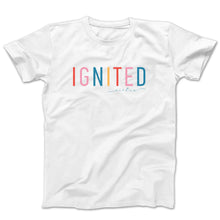 Load image into Gallery viewer, Graphic t-shirt with the word ignited in rainbow colors on a white tee