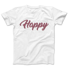 Load image into Gallery viewer, Graphic t-shirt with the word happy in maroon with a rose gold sparkle drop shadow on a heather grey tee