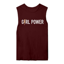 Load image into Gallery viewer, Graphic tank top with the words girl power in white with a peach colored lightning bolt for the letter i on a maroon muscle tank top