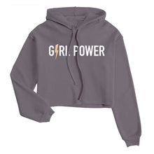 Load image into Gallery viewer, Graphic crop hoodie with the words girl power in white with a peach colored lightning bolt for the letter i on a purple sweatshirt