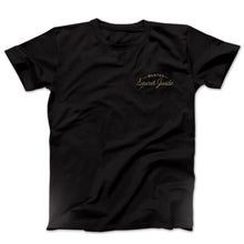 Load image into Gallery viewer, Graphic t-shirt with the words wanted: spirit guide in a gold shimmer on a black tee