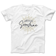 Load image into Gallery viewer, Graphic t-shirt with the words hello sunshine in black surrounded by a sun burst graphic in gold shimmer on a white tee