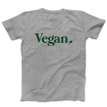 Load image into Gallery viewer, Graphic t-shirt with the word vegan on the front with a small leaf in kelly green on a grey tee
