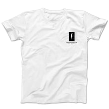 Load image into Gallery viewer, Graphic t-shirt with the a negative space lightning bolt and the words ignited virtue on the pocket area on a white tee