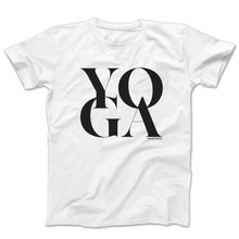 Load image into Gallery viewer, Graphic t-shirt with the word yoga spelled in an oversized block format on a white tee