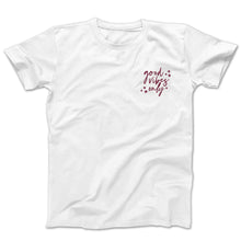 Load image into Gallery viewer, Graphic t-shirt with the words good vibes only surrounded by small stars on the pocket in maroon on a white tee