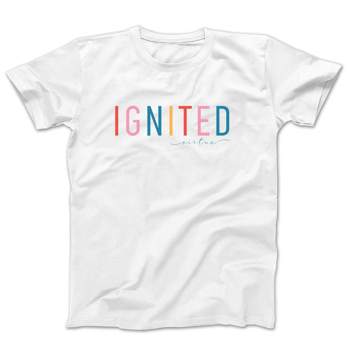 Graphic t-shirt with the word ignited in rainbow colors on a white tee