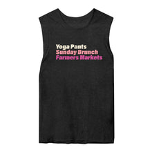 Load image into Gallery viewer, Graphic tank top with the words yoga pants sunday brunch farmers markets in multiple colors on a dark grey heather muscle tank top
