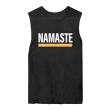 Load image into Gallery viewer, Graphic tank top with the word namaste and the light in me honors the light in you on a dark grey heather muscle tank top
