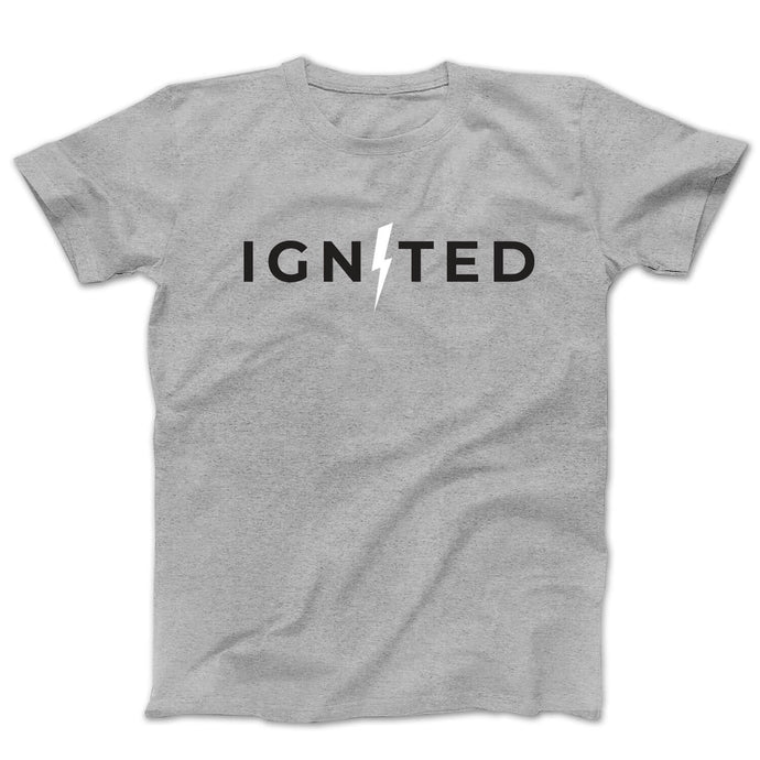 Graphic t-shirt with the word ignited with a lightning bolt for the letter i on a grey tee