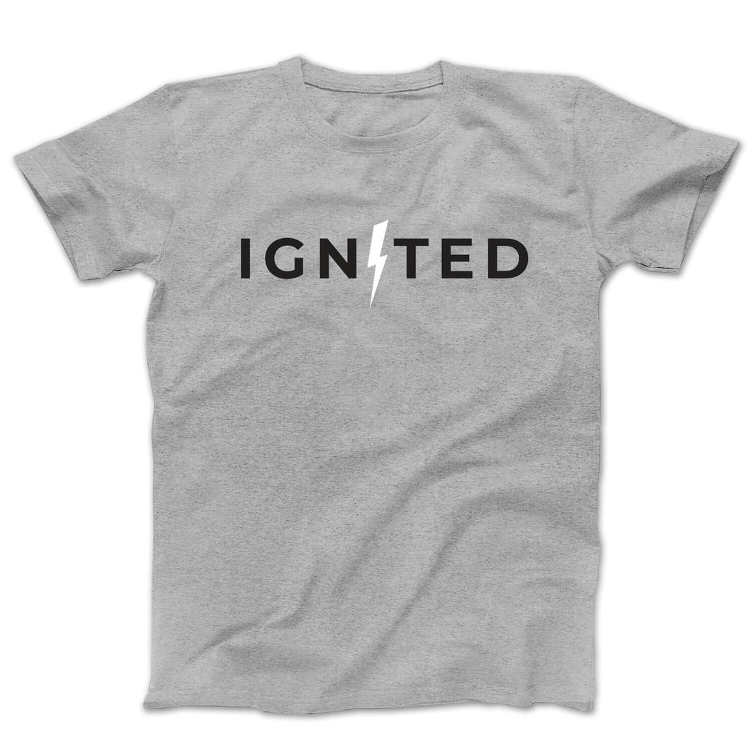 Graphic t-shirt with the word ignited with a lightning bolt for the letter i on a grey tee