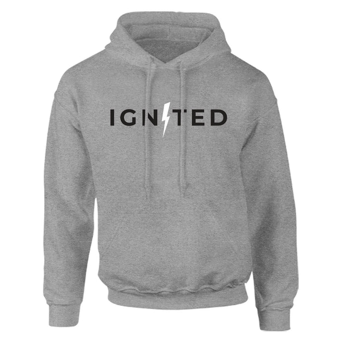 Graphic hoodie with the word ignited with a lightning bolt for the letter i on a grey hooded sweatshirt