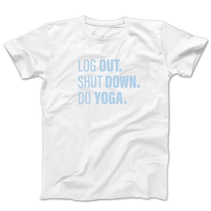 Graphic t-shirt with the words log out shut down do yoga in blue on a white tee