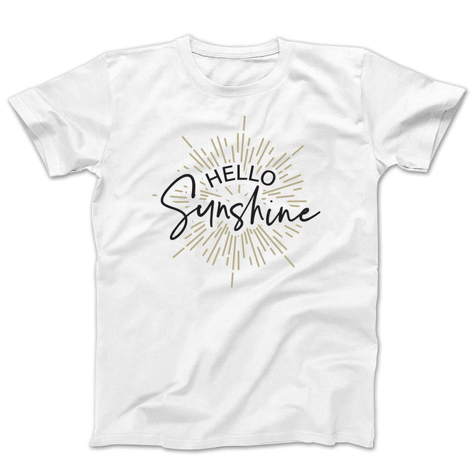 Graphic t-shirt with the words hello sunshine in black surrounded by a sun burst graphic in gold shimmer on a white tee