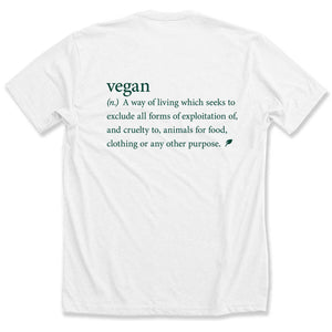 Graphic t-shirt with the word vegan on the front and the definition of vegan on the back in dark green font on a white tee