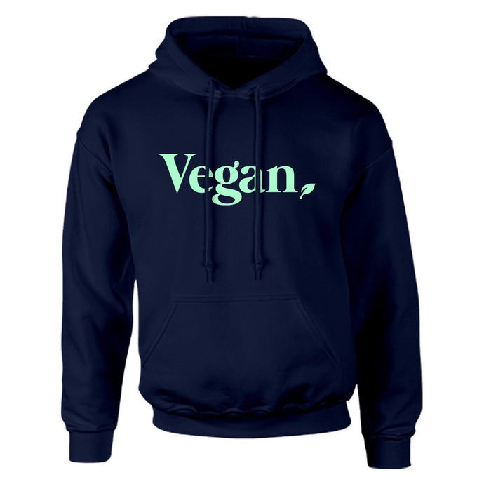 Graphic hoodie with the word vegan and a small leaf in mint green on a navy hooded sweatshirt