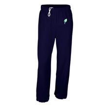 Load image into Gallery viewer, Graphic pants with a small green leaf image on navy sweatpants
