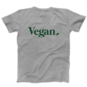 Graphic t-shirt with the word vegan on the front with a small leaf in kelly green on a grey tee