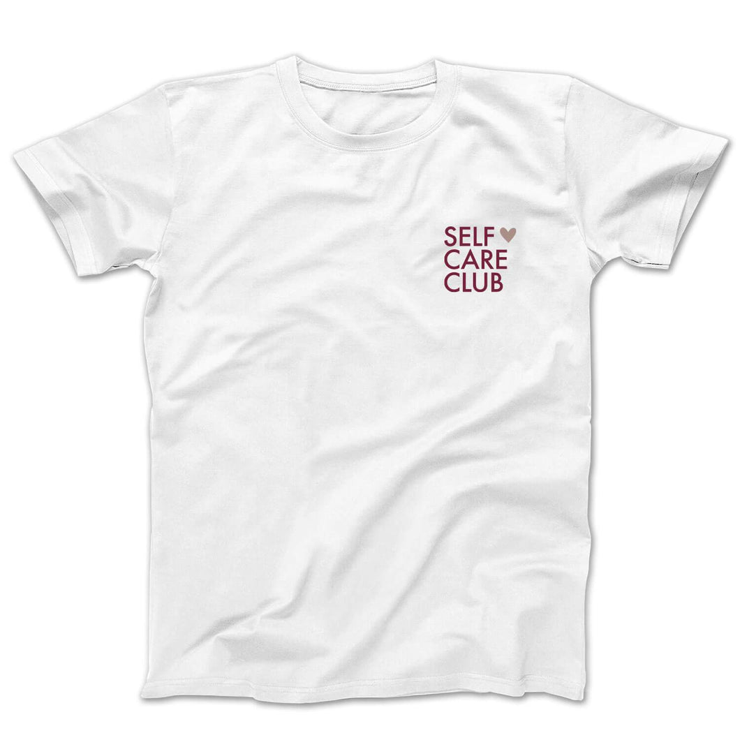 Graphic t-shirt with the words self care club in maroon and a rose gold shimmer heart on a white tee