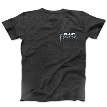 Load image into Gallery viewer, Graphic t-shirt with the words plant powered in blue and white on a grey tee
