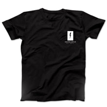 Load image into Gallery viewer, Graphic t-shirt with the a negative space lightning bolt and the words ignited virtue on the pocket area on a black tee
