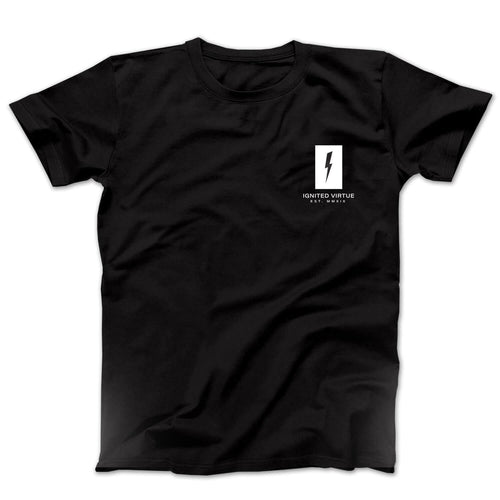 Graphic t-shirt with the a negative space lightning bolt and the words ignited virtue on the pocket area on a black tee