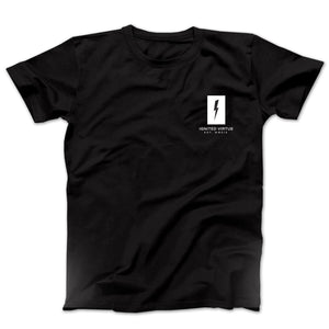 Graphic t-shirt with the a negative space lightning bolt and the words ignited virtue on the pocket area on a black tee