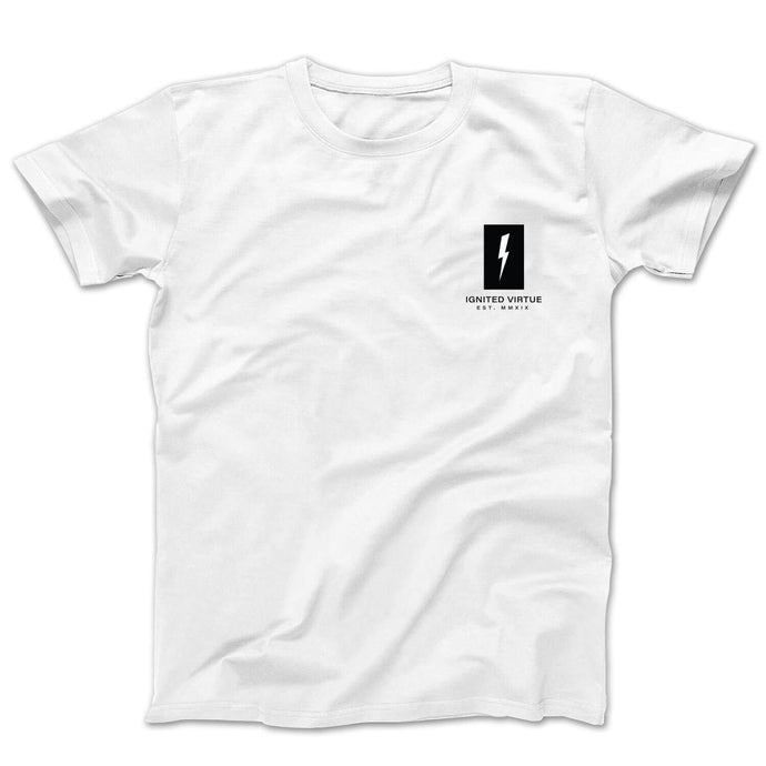 Graphic t-shirt with the a negative space lightning bolt and the words ignited virtue on the pocket area on a white tee