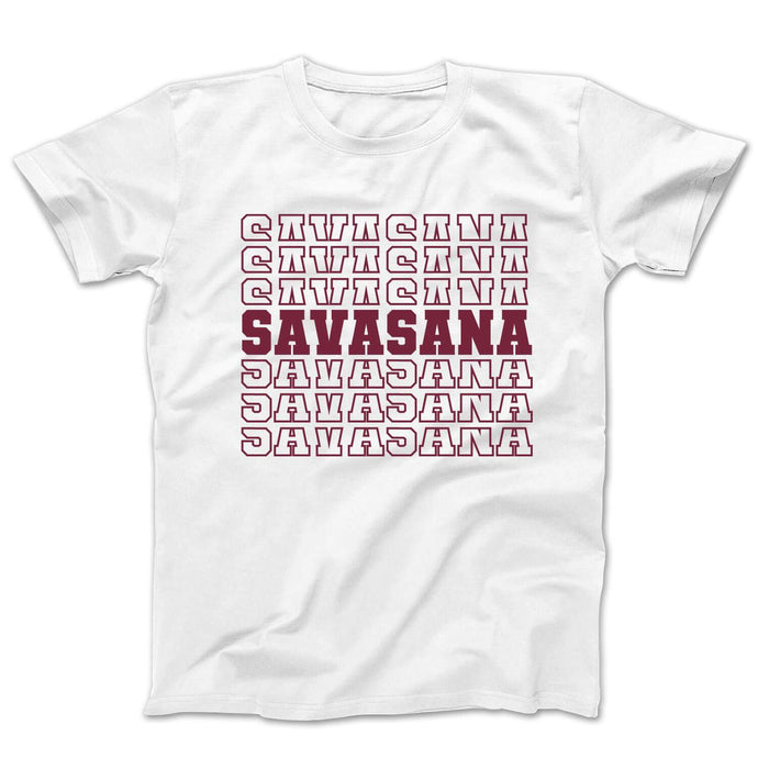 Graphic t-shirt with the word savasana repeated several times in maroon on a white tee