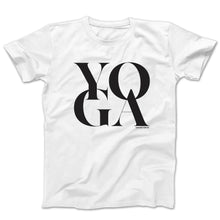 Load image into Gallery viewer, Graphic t-shirt with the word yoga spelled in an oversized block format on a white tee
