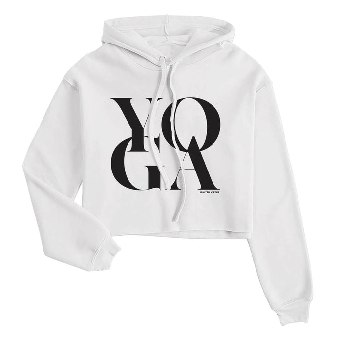 Graphic crop hoodie with the word yoga spelled in an oversized block format on a white sweatshirt